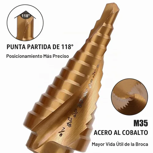 Vista 3 de COMOWARE Juego de 3 brocas de cobalto M35 con vástago hexagonal de 1/4", punzón automático, diseño de impacto de dos hélices, ideal para metal M35