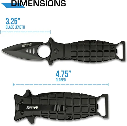Vista 7 de MTECH USA Cuchillo plegable - Hoja de acero inoxidable negro, mango estilo granada de aluminio negro con abrebotellas y clip de bolsillo, EDC