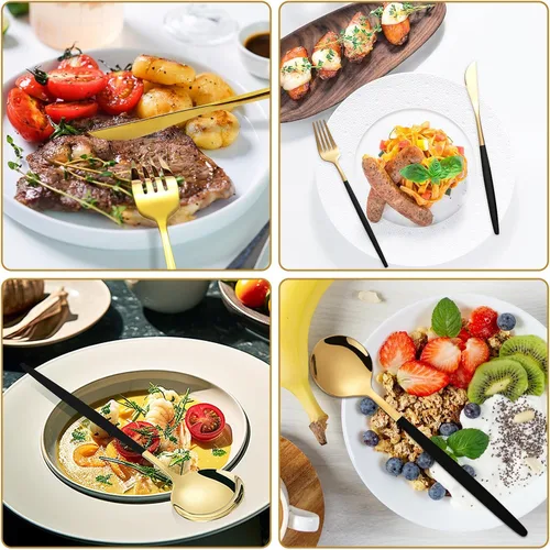 Vista 6 de Kawlity Cubiertos de acero inoxidable duraderos negros y dorados pulidos, cucharas, tenedores, 30 piezas, utensilios de mesa, para cocina