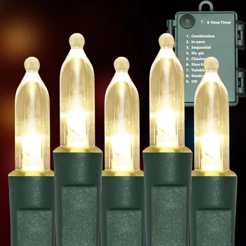 Vista 10 de 50 luces LED C6, alambre verde, estuche de batería impermeable, funciones múltiples, temporizador, blanco frío