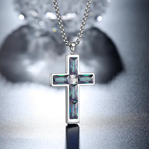Vista 2 de Collar de cruz con piedra de nacimiento para hombre, collar de cruz de acero inoxidable 316L con colgante de cruz de circonia cúbica para mujer