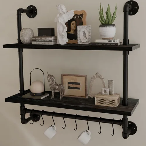 Vista 5 de ROGMARS - Estantería industrial de tuberías para baño, estantes flotantes negros de 24 pulgadas para baño con toallero y ganchos, estantes montados