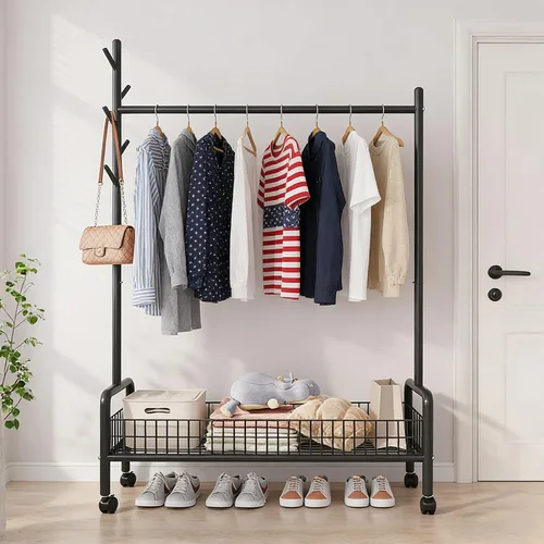 Vista 11 de Perchero con estantes de almacenamiento, perchero resistente con ruedas para dormitorio, sala de estar, organización de lavandería