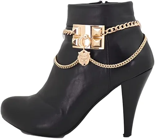 Vista 6 de Pulsera para botas occidentales de metal dorado para mujer, cadena para el tobillo, con forma de león y ondas laterales, Metal, Sin gemas.