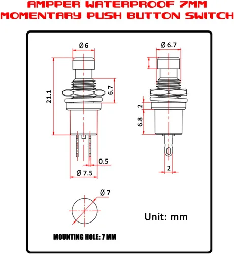 Vista 2 de Ampper Mini interruptores momentáneos de botón, 2 pines de encendido y apagado 1A, 250 V, CA, 0.276 in, redondo, SPST, interruptor de botón Negro