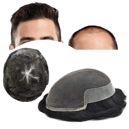 Vista 12 de Tupé para hombre Remy pieza de cabello humano para hombres encaje tupé para hombres nudo blanqueado sistema de reemplazo de cabello para hombre #1