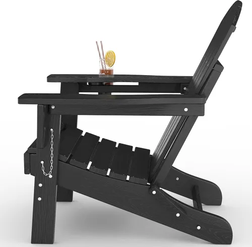 Vista 4 de Juego de 2 sillas Adirondack plegables HDPE con mesa auxiliar, color negro