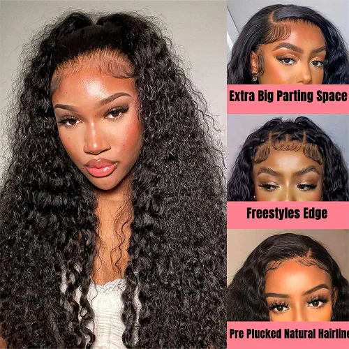 Vista 3 de Pelucas de cabello humano ondulado profundo con encaje frontal para mujeres negras, pelucas de cabello humano de 13 × 4 con encaje frontal