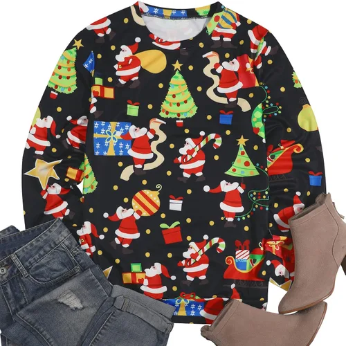 Vista 2 de MOUSYA Sudadera de Navidad para mujer, divertida, fea, de Navidad, con estampado de Papá Noel, manga larga