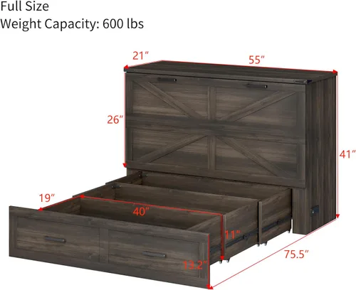 Vista 2 de Cama Murphy de Cofre de Granja Completa con Cajones de Almacenamiento y Estación de Carga, Armario Cama Murphy Rústica de Madera Plegable Oculta
