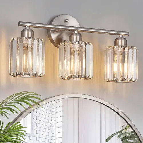 Vista 17 de Moderna lámpara de tocador de cristal de 2 luces, lámpara vertical de baño de níquel cepillado sobre espejo para tocador y lavabo, compatible