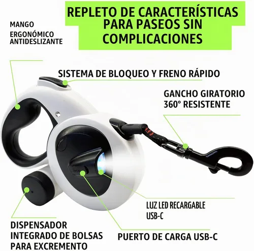 Vista 2 de AVANTO - Correa retráctil para perro con linterna, correa de seguridad nocturna LED resistente de 16 pies para perros de hasta 110 libras - 360° sin