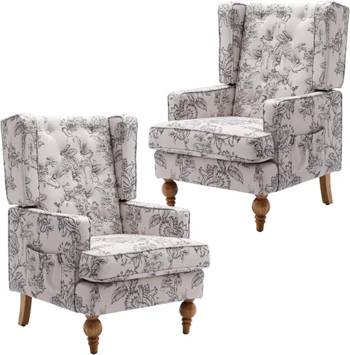 Vista 9 de DUOMAY Silla decorativa copetuda, moderna silla tapizada de lino con respaldo lateral para sala de estar, dormitorio con patas de madera, cómoda