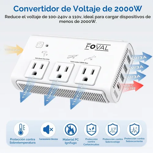 Vista 3 de Convertidor de voltaje de viaje de 220V a 110V, convertidor de potencia internacional FOVAL de 2000W para secador de pelo, alisador/rizador con 4