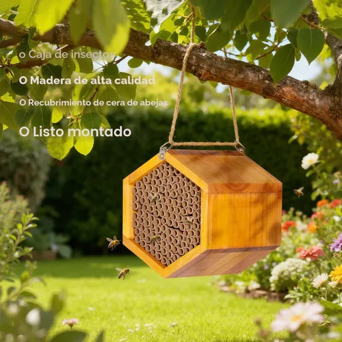 Vista 2 de Mason Bee House - Colmena de abejas de madera natural hecha a mano recubierta con cera para una larga vida útil y resistente al agua - Atrae