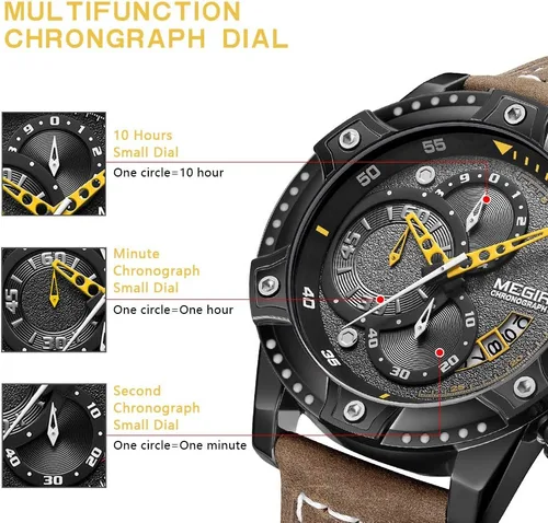 Vista 4 de MEGIR Reloj analógico de cuarzo para hombre con correa de cuero de cara grande para deportes 2130