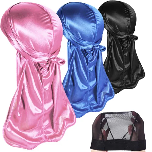 Vista 21 de Paquete de 3 piezas de durags sedosas para ondas de hombres, de regalo 1 gorra para marcar las ondas, talla única