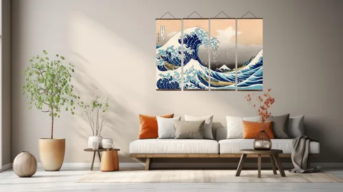 Vista 2 de jszip Rollo retro japonés de onda Ukiyo-e, pintura colgante de madera, 39.76 x 15.75 pulgadas