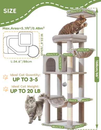 Vista 6 de Taoqimiao MS042W - Árbol para gatos, torre grande para gatos de 66 pulgadas con postes rascadores, lujosa plataforma grande para gatos grandes