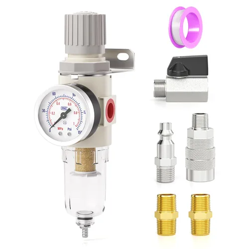 Vista 12 de TAILONZ PNEUMATIC Kit de Regulador de Presión Mini AR2000 de 5 en 1 de 1/4 Pulgada NPT para Sistemas de Aire Comprimido, Ajuste de 0 a 145 Psi Azul