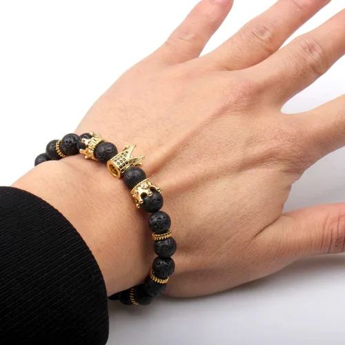 Vista 3 de Gvusmil - Brazalete de cuentas con corona imperial lujosa de rey y su reina para parejas, dije de regalo de joyería de Navidad para hombre y mujer