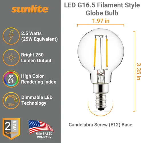 Vista 2 de Sunlite 40959 - Bombilla LED G16.5 estilo filamento, 2.5 vatios (equivalente a 25 W), 250 lúmenes, regulable, base de candelabro (E12)