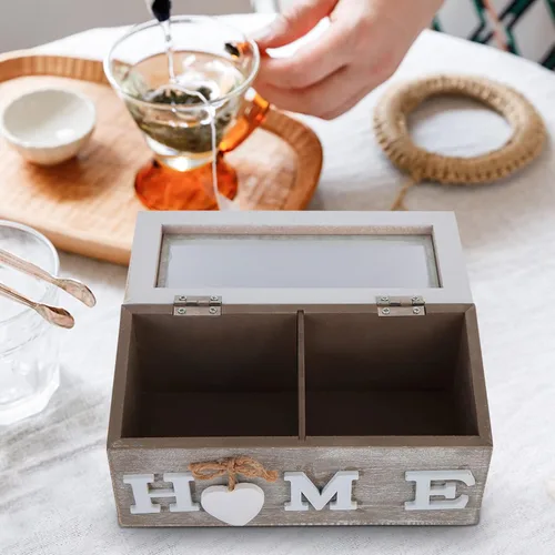 Vista 5 de Organizador de bolsas de té de madera, caja de té decorativa de madera, organizador de madera antigua con compartimentos y parte superior de ventana