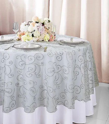 Vista 2 de Manteles de organza bordados redondos de 90 pulgadas, manteles de organza para bodas, fiestas, banquetes, eventos, color verde manzana
