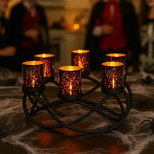 Vista 5 de Portavelas de Halloween Decoración de Centro de Mesa – Portavelas de Hierro Metal Negro de 6 Copas para Velas Votivas y de Té para Mesa Espeluznante