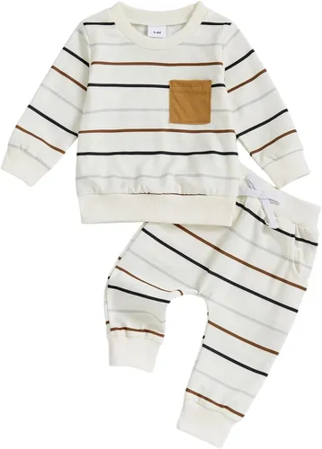 Vista 34 de Conjunto de 2 piezas de ropa para bebé y niño, sudadera con cuello redondo con letras y pantalones casuales de otoño e invierno B Negro-marrón