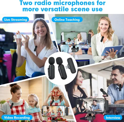 Vista 6 de Paquete de 2 micrófonos inalámbricos Lavalier para iPhone y Android, micrófono con clip de reducción de ruido Plug and Play con funda de carga