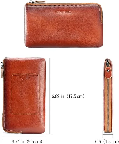 Vista 2 de Cartera de cuero genuino con cremallera para hombre. Hay 6 tarjetas bancarias dentro de la bolsa del teléfono móvil y 1 ranura para tarjetas