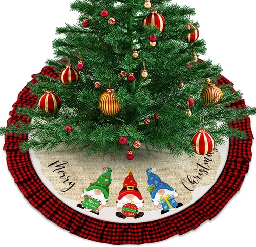 Vista 3 de Falda de árbol de Navidad, arpillera de lino, decoración de borde a cuadros, faldas de árbol a cuadros negros y rojos para interiores y exteriores
