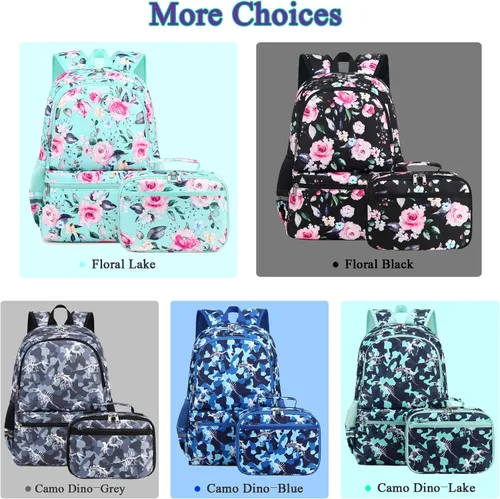 Vista 7 de Octsky - Juego de mochila escolar para niños y niñas con lonchera, Classic Lago Floral