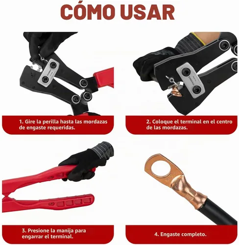 Vista 5 de Herramienta de prensado de cables de batería para terminales de cobre AWG 8-1/0, crimpadora de terminales de batería resistente, crimpadora