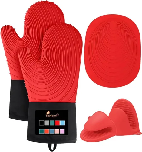 Vista 7 de Manoplas de horno y soportes para ollas, 4 juegos, guantes de horno resistentes al calor de 500 ℉ y soporte para ollas, guantes largos para horno
