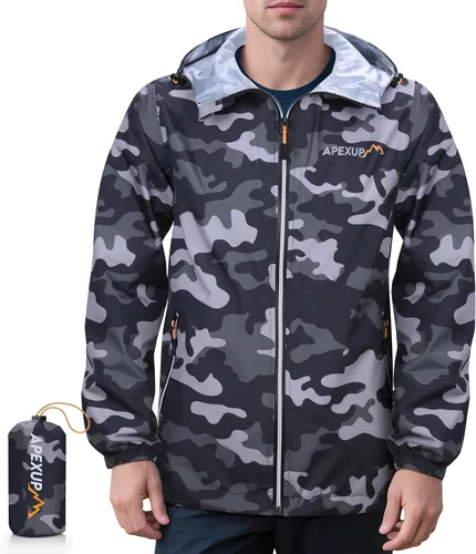 Vista 15 de APEXUP Chaqueta de lluvia empacable para hombre con cremallera reflectante, impermeable ligero, chaqueta de lluvia para hombre para deportes al aire