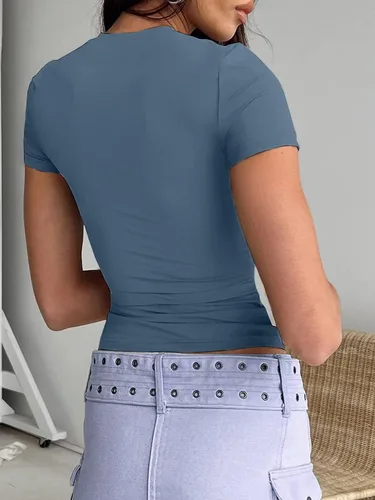 Vista 2 de Dwnval Camisetas básicas sexys para mujer, blusas de verano de manga corta con cuello redondo y ajuste entallado
