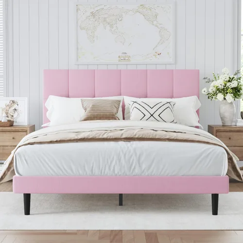Vista 10 de Base de cama de plataforma de terciopelo de tamaño matrimonial con cabecera tapizada y soporte de listones resistentes, diseño con botones,