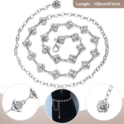 Vista 6 de 2 Pieces Rhinestone Belt for Women Shiny Crystal O-Ring Waist Belts for Dress Diamond Chain Belt for Ladies Dress Gift