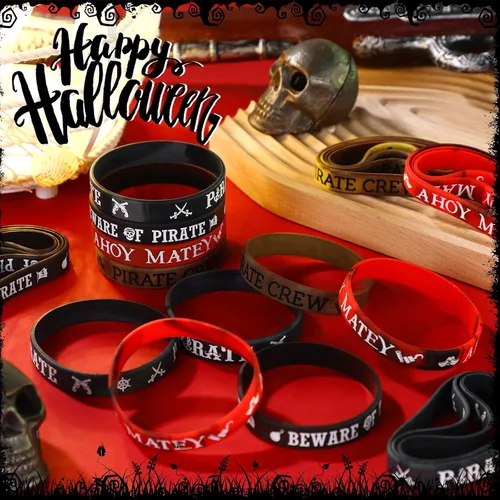 Vista 4 de Capoda 24 pulseras de silicona pirata Ahoy Matey Caribbean pulseras de goma calavera, barco pirata, recuerdos de fiesta para niñas y niños