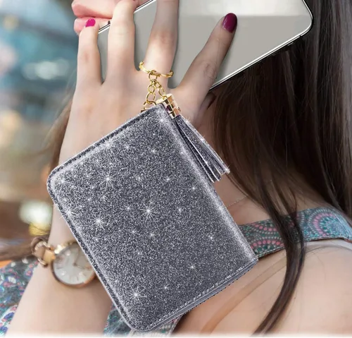 Vista 5 de Coco Rossi Billetera pequeña para tarjetas de crédito RFID con purpurina linda para mujer