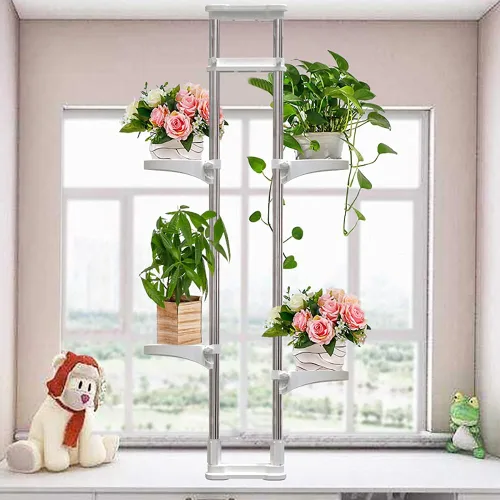 Vista 9 de BAOYOUNI Soporte para plantas de interior con ventana, estante de almacenamiento de metal con doble poste, soporte para macetas, estante