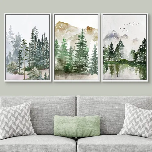 Vista 610 de SIGNWIN Lienzo enmarcado para pared, juego de arte pastel con cadena montañosa, bosque, niebla, naturaleza silvestre, ilustraciones modernas, arte