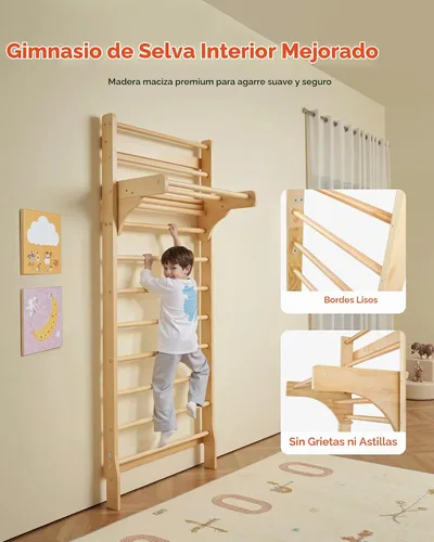Vista 2 de VEVOR - Escalera sueca de pared, 8 en 1, barras de pared de madera maciza de 15 niveles, juego de escalada de gimnasio de selva interior de 220