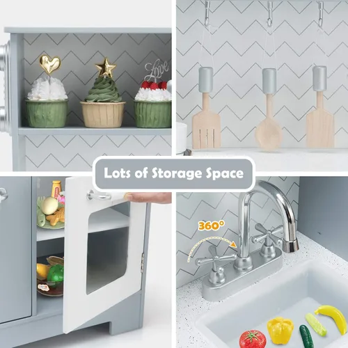 Vista 4 de Costzon Juego de Cocina para Niños, Set de Juego de Cocina de Madera de Simulación con Estufa, Refrigerador, Microondas, Fregadero Removible