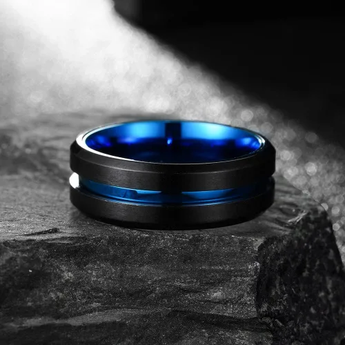 Vista 6 de Juego de anillos de boda personalizados en color negro y azul para él y ella, anillos de promesa a juego para parejas, anillos de acero inoxidable