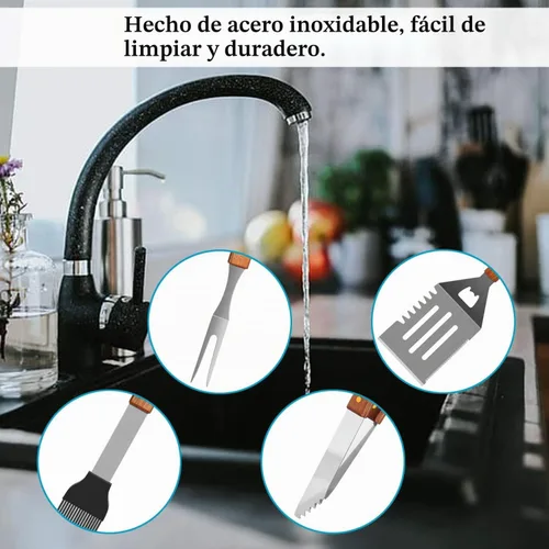 Vista 8 de IMAGE - Juego de 4 accesorios de madera para barbacoa, de acero inoxidable, utensilios para asar al aire libre, cocinar, barbacoa en el patio