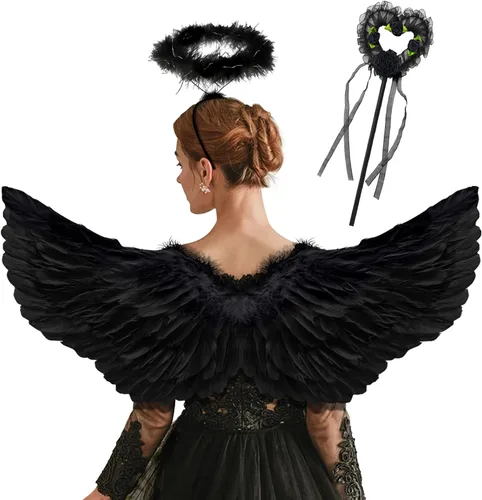 Vista 9 de Alas de ángel, alas de ángel y halo para mujer, disfraz de disfraz de Navidad y Halloween Negro