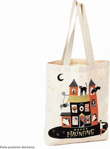 Vista 4 de Hallmark 13" Large Halloween Tote Bag (Haunted House) Reusable Canvas Bag for Trick or Treating, Grocery Shopping and More